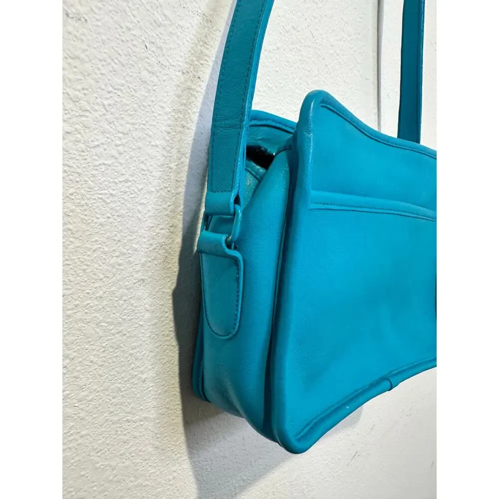 Vintage COACH Upcycled Teal Blue Square Style Crossbody Zipper Closure 90s Bag